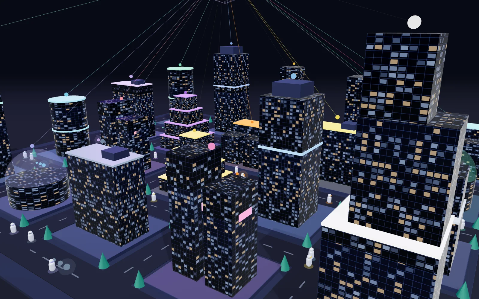 3D-Ansicht der KI-Stadt mit Büros, Straßen und Bots